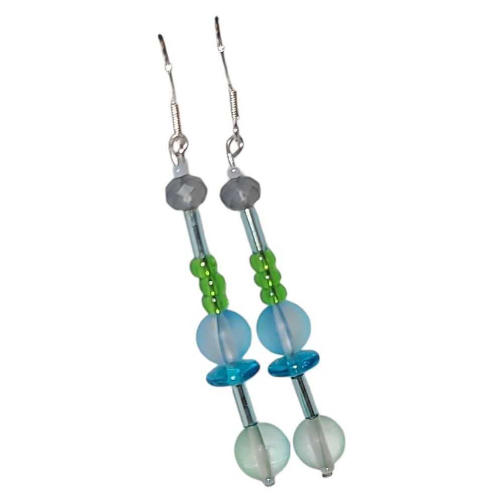 Handmade Sterling Silver 925 Blue & Green Frost Glass Bead Dangle Earrings 2.75"